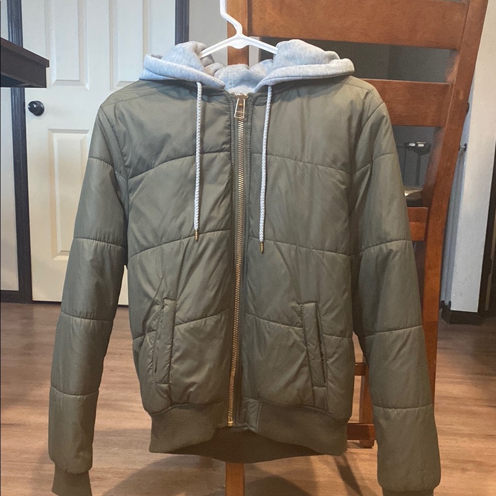 Olive Green Bomber Jacket with detachable hood